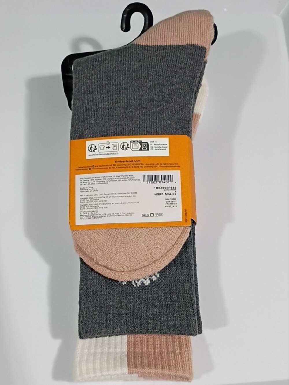 Timberland Crew Socks in White, Gray and Dusty Rose - 2 Pack - SIZE Medium NWT - Picture 4 of 5